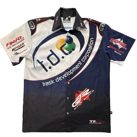 KOMBAT Trask Development Co. Button Up Graphic Shirt‎ Mens Medium Boats Racing - Picture 1 of 16